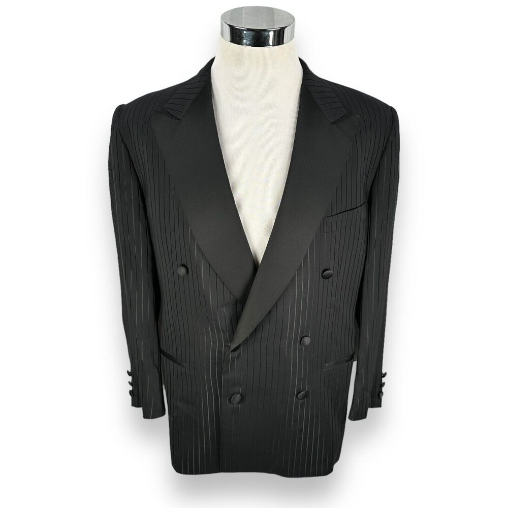 Belvest‎ Blazer Jacket Mens 44R Black Stripe Wool Silk Blend Tuxedo Peak Lapel